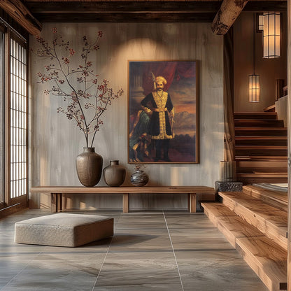 This exquisite artwork captures the grandeur of a noble figure, dressed in opulent attire, exuding for Hall