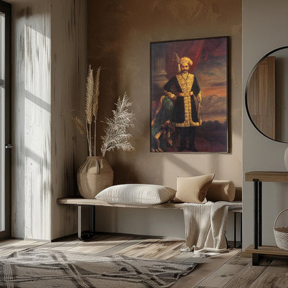 This exquisite artwork captures the grandeur of a noble figure, dressed in opulent attire, exuding for kitchen