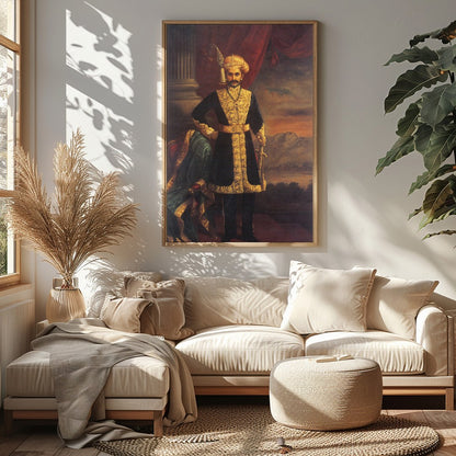 This exquisite artwork captures the grandeur of a noble figure, dressed in opulent attire, exuding for Sitting Area