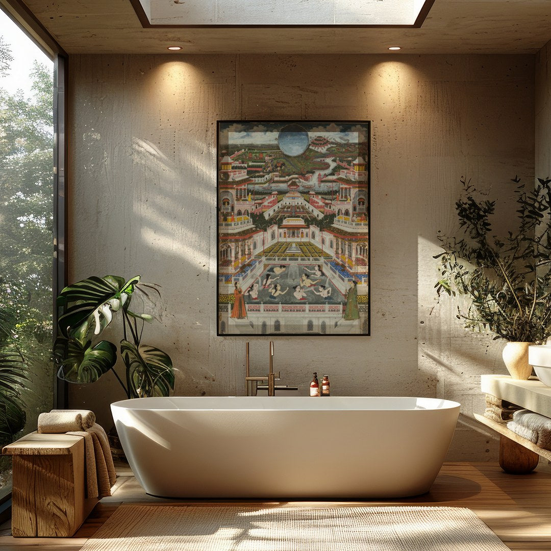 Immerse yourself in the grandeur of a regal world with this stunning artwork. Featuring intricate for Bathroom