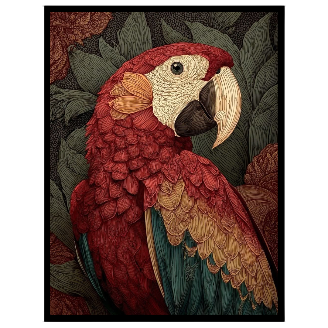 Delve into the vibrant world of this exquisite artwork depicting a majestic scarlet macaw set for area