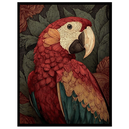 Delve into the vibrant world of this exquisite artwork depicting a majestic scarlet macaw set for area
