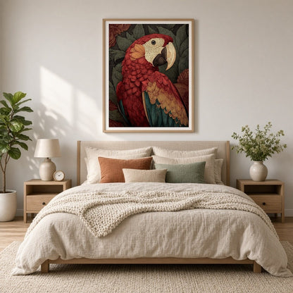 Delve into the vibrant world of this exquisite artwork depicting a majestic scarlet macaw set for Bedroom