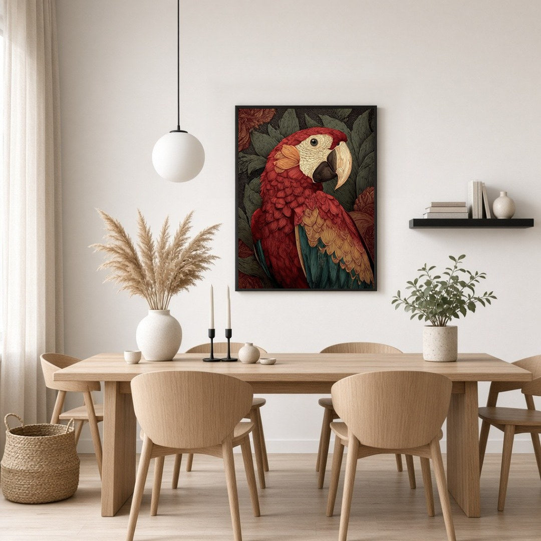 Delve into the vibrant world of this exquisite artwork depicting a majestic scarlet macaw set for Dining
