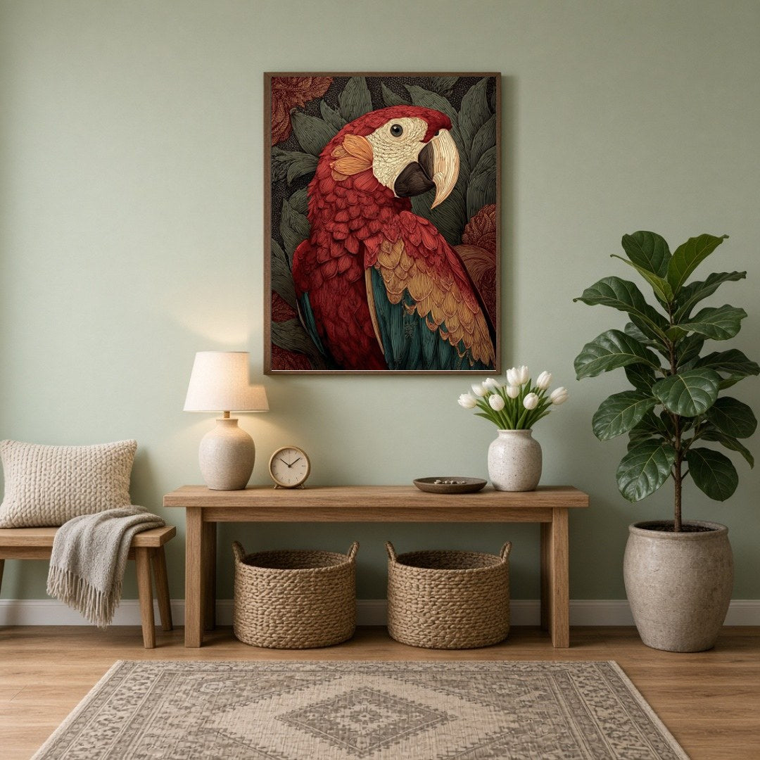Delve into the vibrant world of this exquisite artwork depicting a majestic scarlet macaw set for Entrance