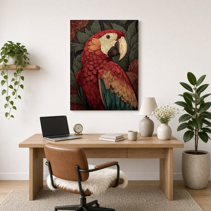 Delve into the vibrant world of this exquisite artwork depicting a majestic scarlet macaw set for Home Office