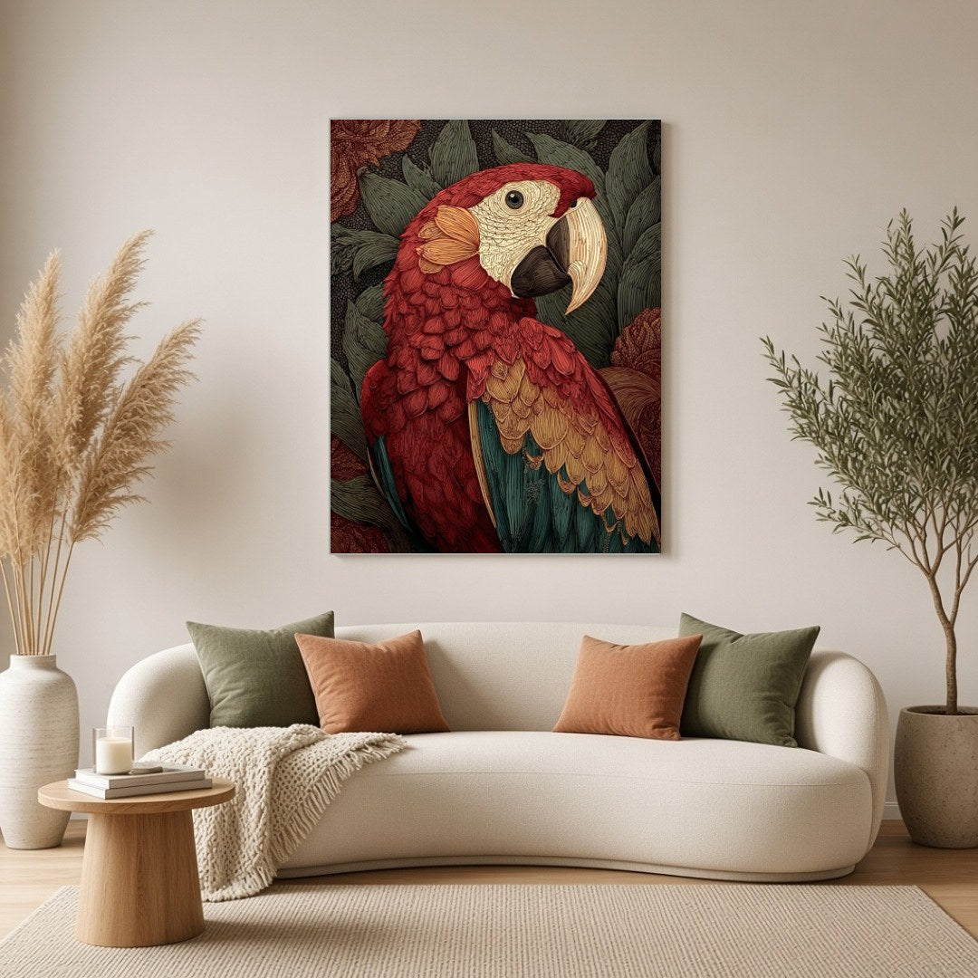 Delve into the vibrant world of this exquisite artwork depicting a majestic scarlet macaw set for Living Room