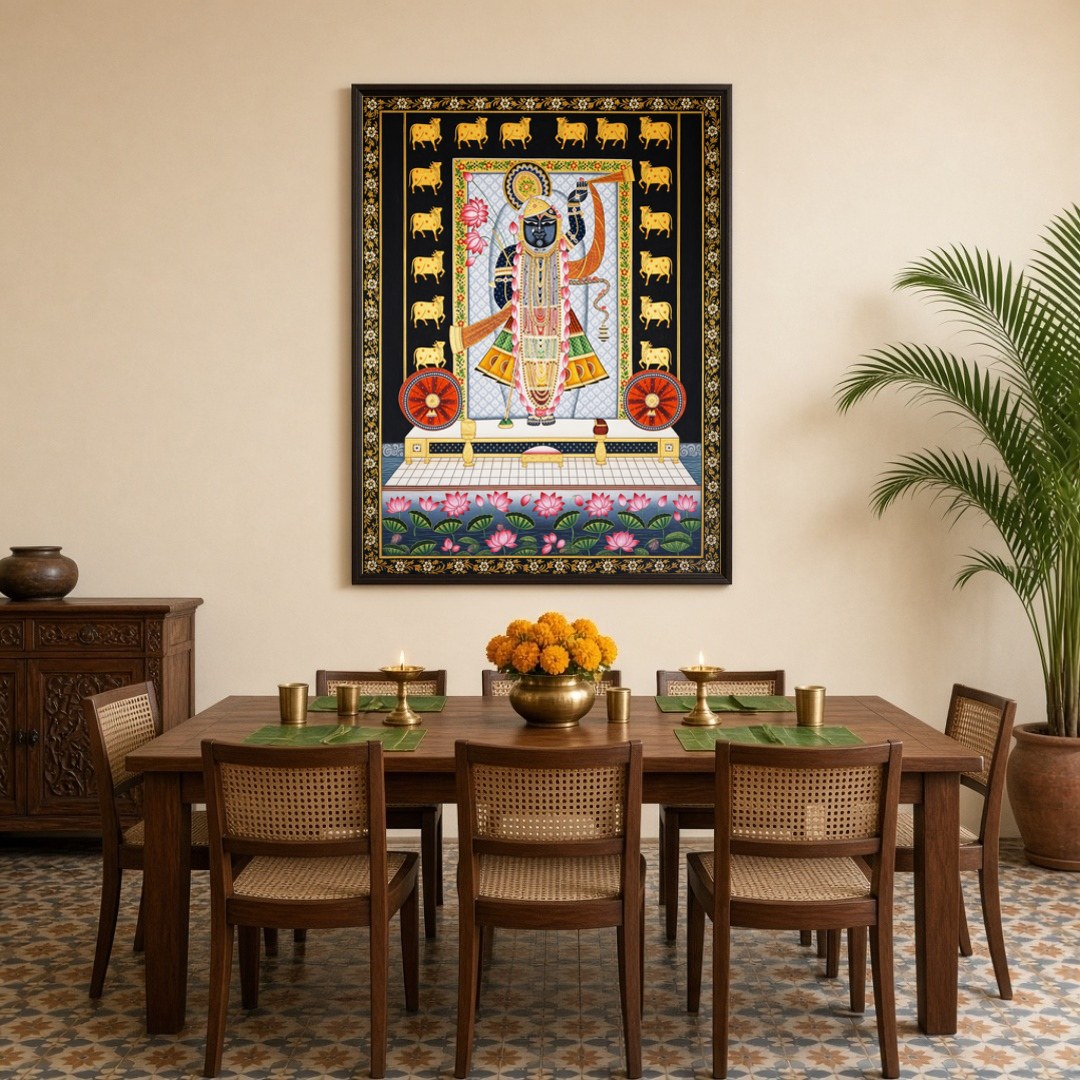 Celebrate the divine presence of Shrinathji with this intricate Pichwai art. Featuring serene lotus for Dining