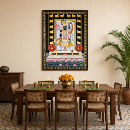 Celebrate the divine presence of Shrinathji with this intricate Pichwai art. Featuring serene lotus for Dining