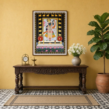 Celebrate the divine presence of Shrinathji with this intricate Pichwai art. Featuring serene lotus for Entrance