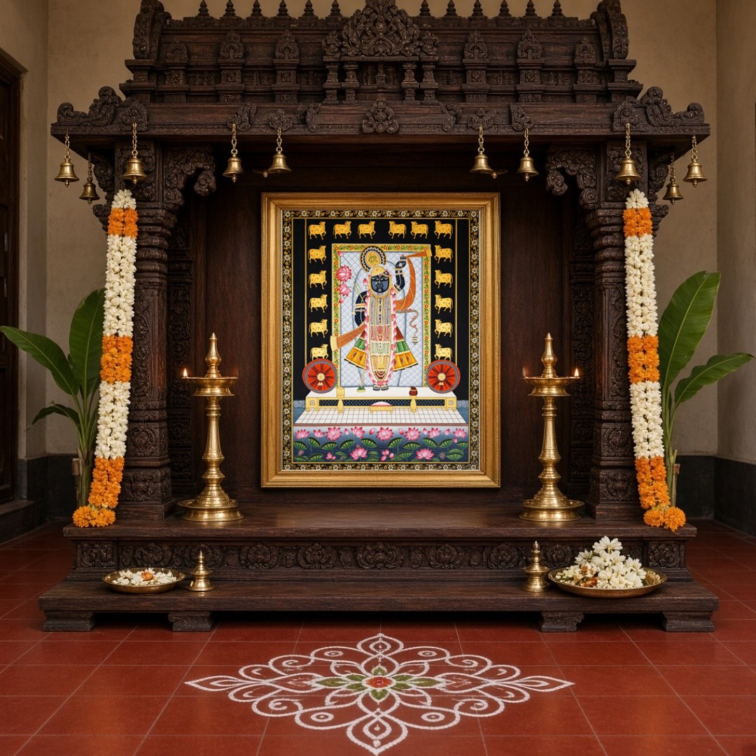 Celebrate the divine presence of Shrinathji with this intricate Pichwai art. Featuring serene lotus for Home Temple