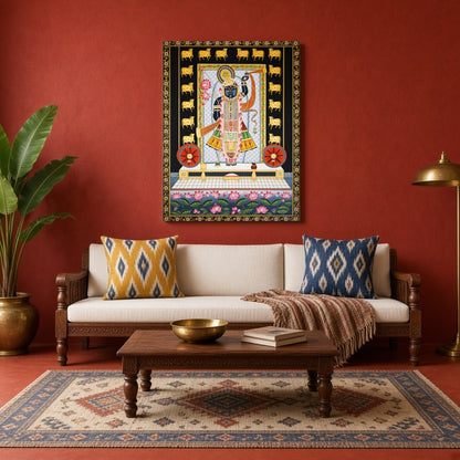 Celebrate the divine presence of Shrinathji with this intricate Pichwai art. Featuring serene lotus for Living Room