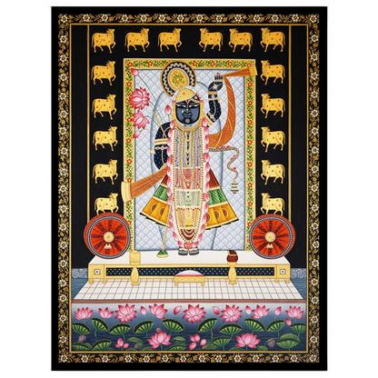 Celebrate the divine presence of Shrinathji with this intricate Pichwai art. Featuring serene lotus for room