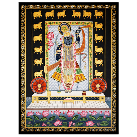 Celebrate the divine presence of Shrinathji with this intricate Pichwai art. Featuring serene lotus for room