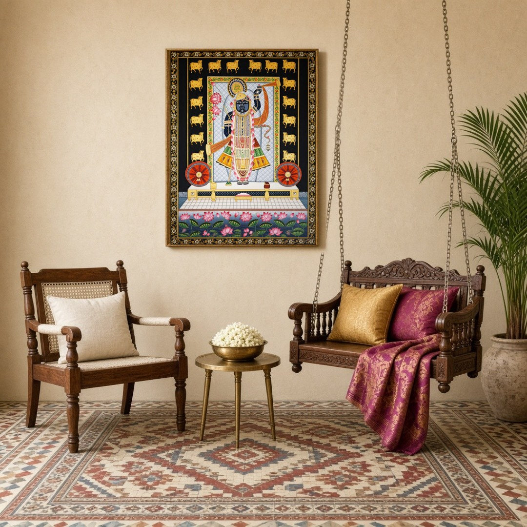 Celebrate the divine presence of Shrinathji with this intricate Pichwai art. Featuring serene lotus for Sitting Lounge