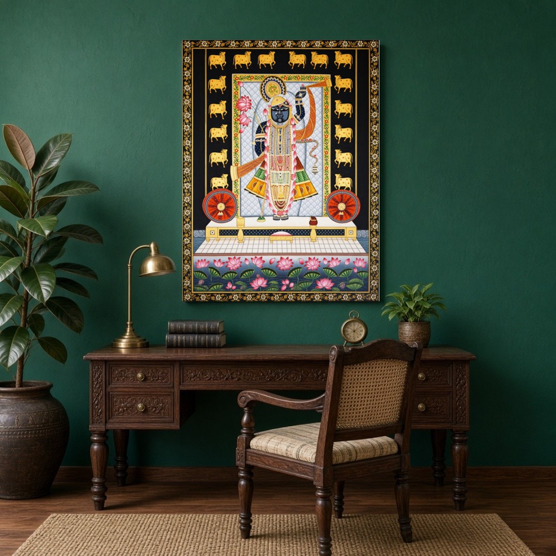 Celebrate the divine presence of Shrinathji with this intricate Pichwai art. Featuring serene lotus for Study