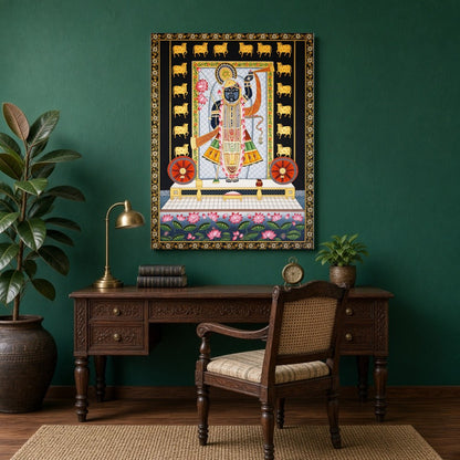 Celebrate the divine presence of Shrinathji with this intricate Pichwai art. Featuring serene lotus for Study