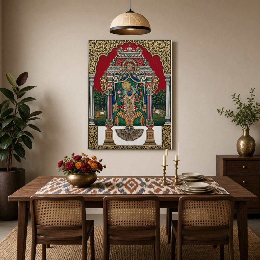 Immerse yourself in the divine presence of Shrinathji depicted in this exquisite Pichwai artwork. for Dining