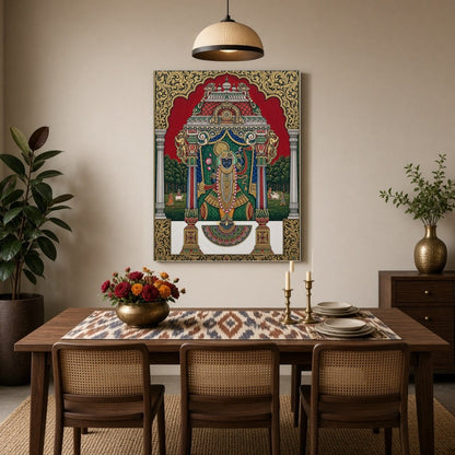 Immerse yourself in the divine presence of Shrinathji depicted in this exquisite Pichwai artwork. for Dining