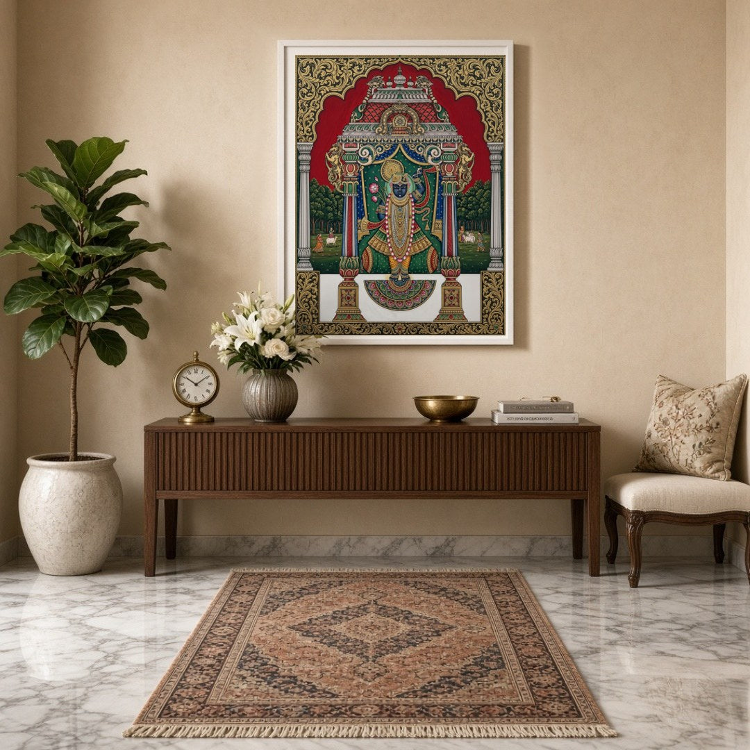 Immerse yourself in the divine presence of Shrinathji depicted in this exquisite Pichwai artwork. for Entrance