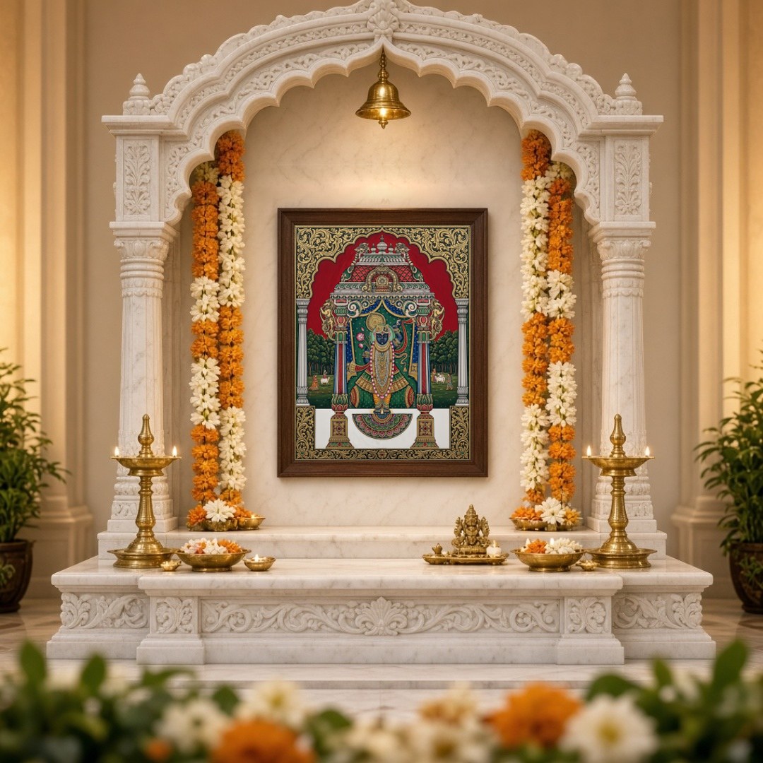 Immerse yourself in the divine presence of Shrinathji depicted in this exquisite Pichwai artwork. for Home Temple