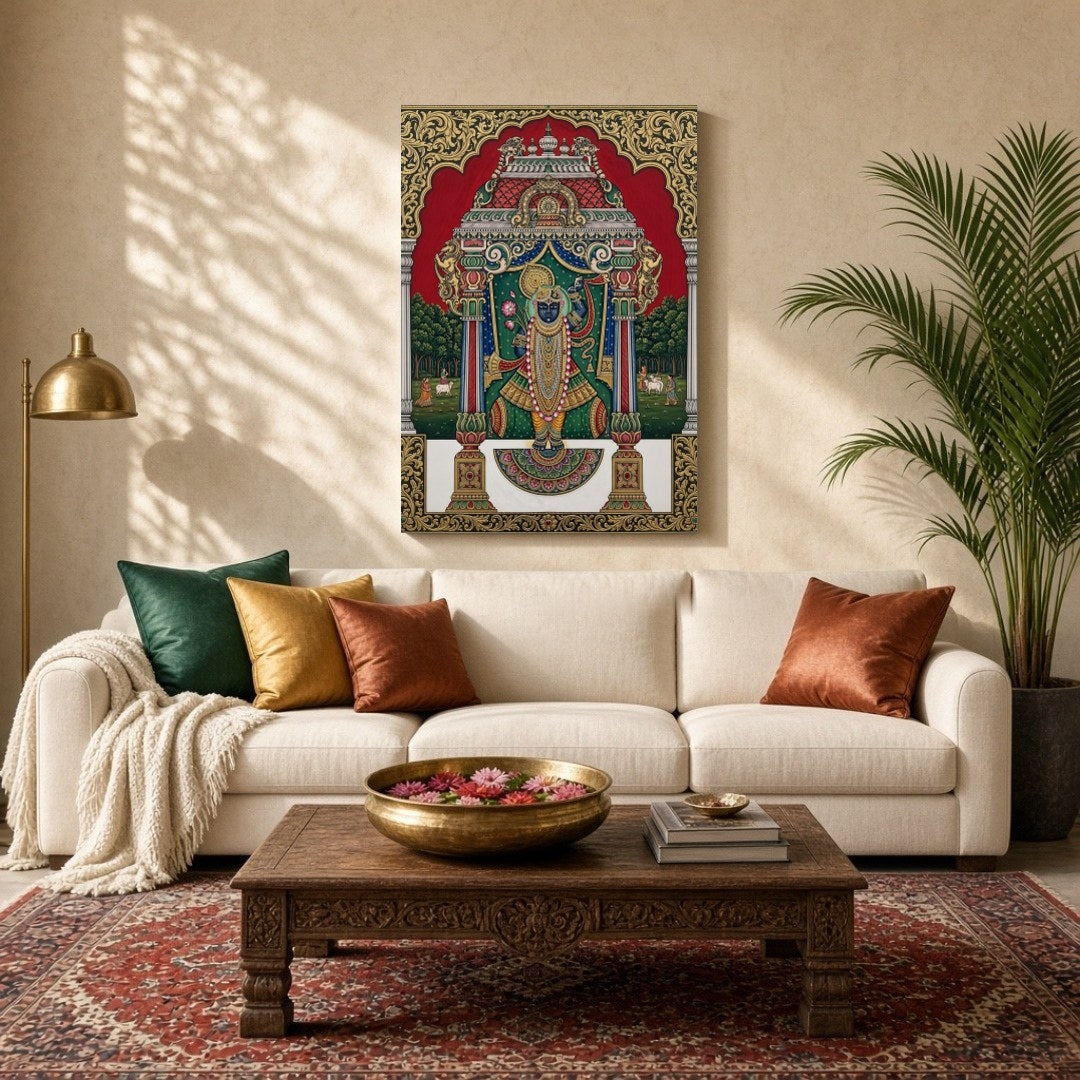 Immerse yourself in the divine presence of Shrinathji depicted in this exquisite Pichwai artwork. for Living Room