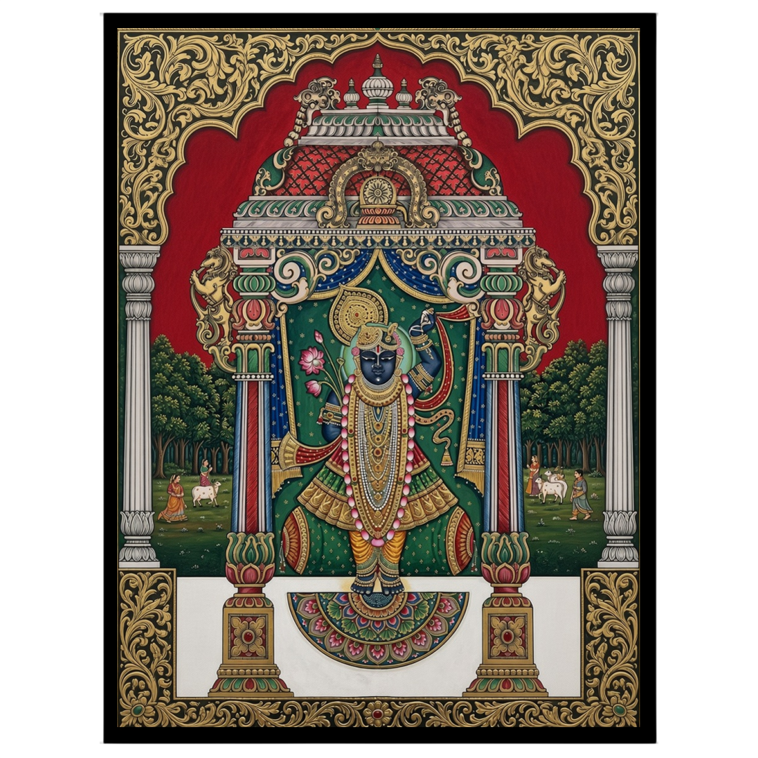 Immerse yourself in the divine presence of Shrinathji depicted in this exquisite Pichwai artwork. for residence