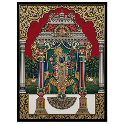 Immerse yourself in the divine presence of Shrinathji depicted in this exquisite Pichwai artwork. for residence