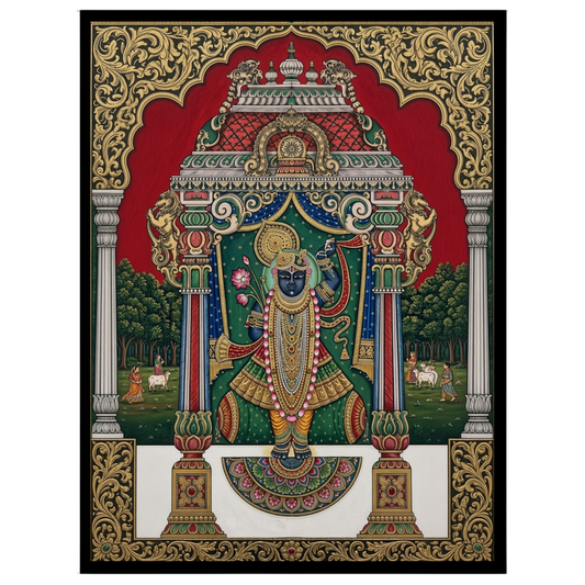 Immerse yourself in the divine presence of Shrinathji depicted in this exquisite Pichwai artwork. for residence
