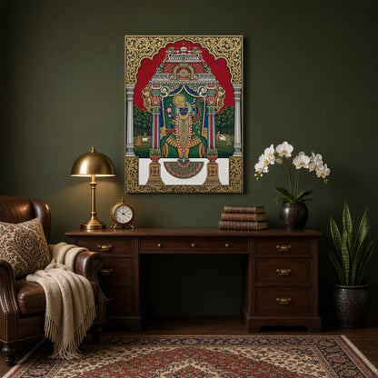 Immerse yourself in the divine presence of Shrinathji depicted in this exquisite Pichwai artwork. for Study