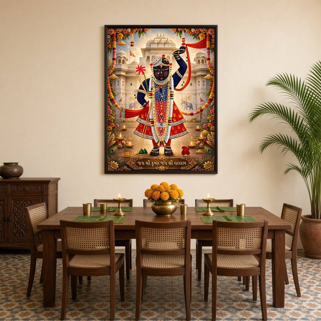 This exquisite Pichwai artwork captures the divine presence of Shrinathji in a vibrant display of for Dining
