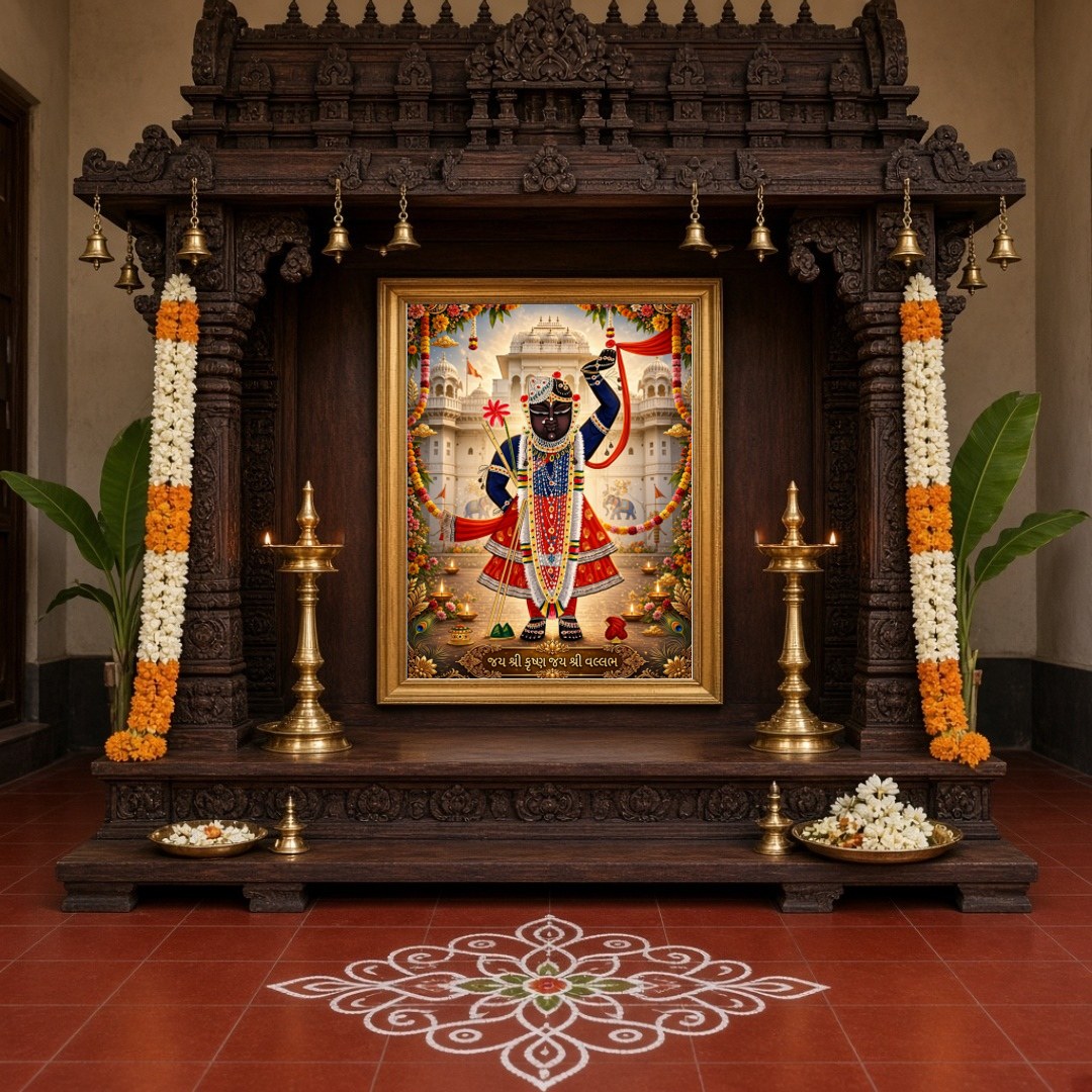 This exquisite Pichwai artwork captures the divine presence of Shrinathji in a vibrant display of for Home Temple
