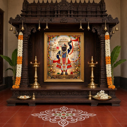 This exquisite Pichwai artwork captures the divine presence of Shrinathji in a vibrant display of for Home Temple