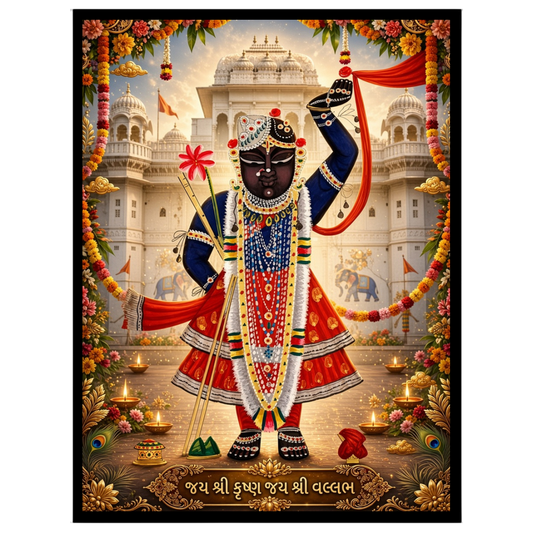 This exquisite Pichwai artwork captures the divine presence of Shrinathji in a vibrant display of for kitchen