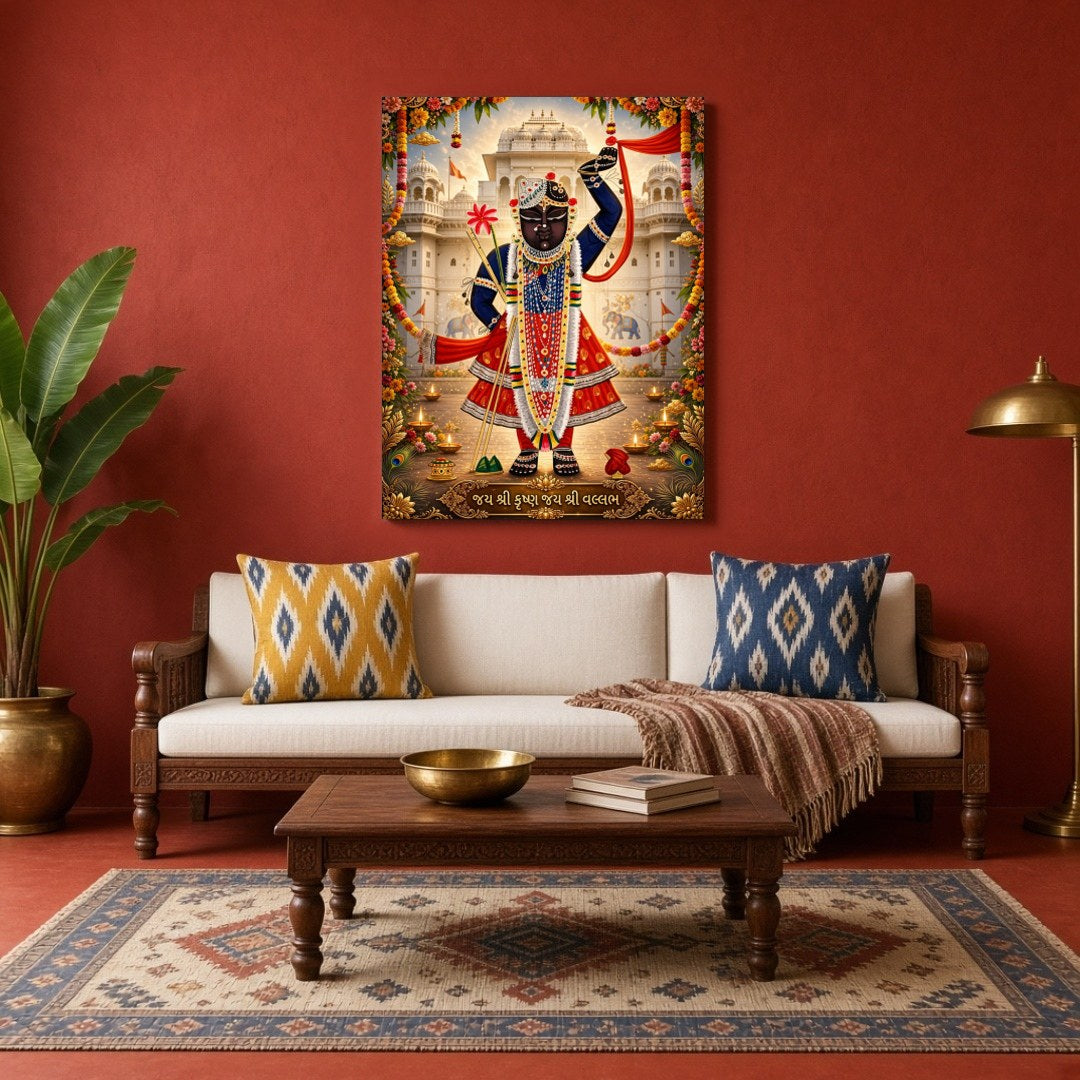 This exquisite Pichwai artwork captures the divine presence of Shrinathji in a vibrant display of for Living Room