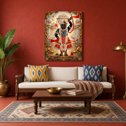 This exquisite Pichwai artwork captures the divine presence of Shrinathji in a vibrant display of for Living Room