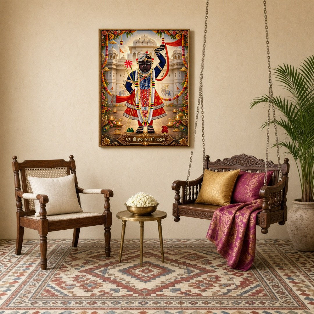 This exquisite Pichwai artwork captures the divine presence of Shrinathji in a vibrant display of for Sitting Lounge