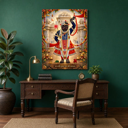 This exquisite Pichwai artwork captures the divine presence of Shrinathji in a vibrant display of for Study