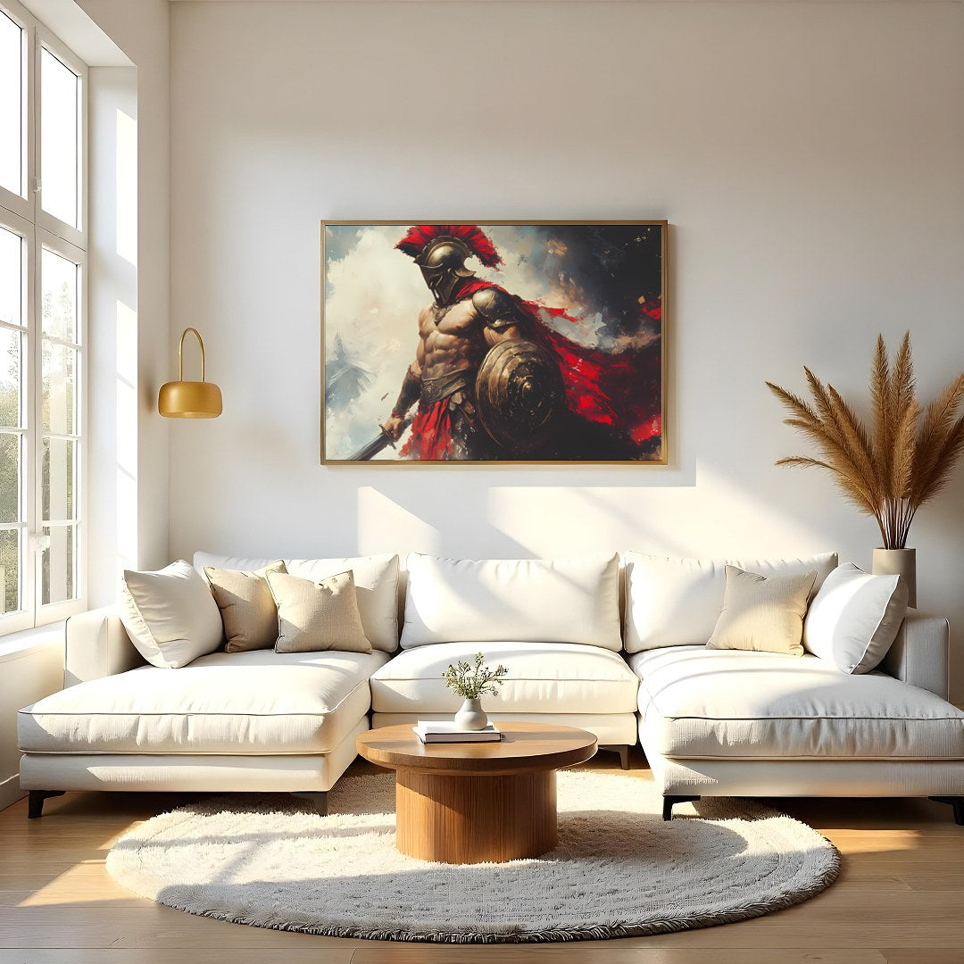 Immerse yourself in the valor of Ancient Greece with this striking artwork featuring a majestic for Living Room