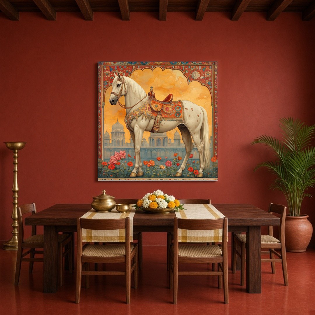 Immerse yourself in the elegance and majesty of this stunning Mughal-inspired artwork. A regal for Dining