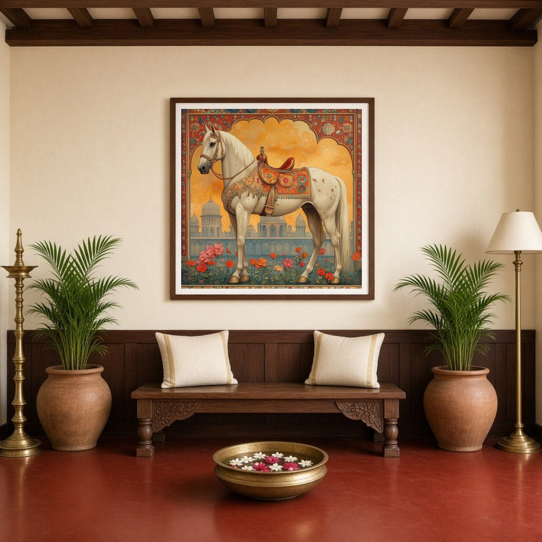 Immerse yourself in the elegance and majesty of this stunning Mughal-inspired artwork. A regal for Entrance