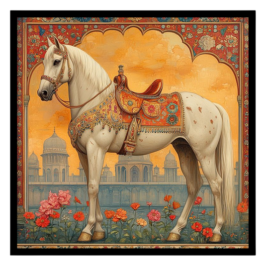 Immerse yourself in the elegance and majesty of this stunning Mughal-inspired artwork. A regal for hallway