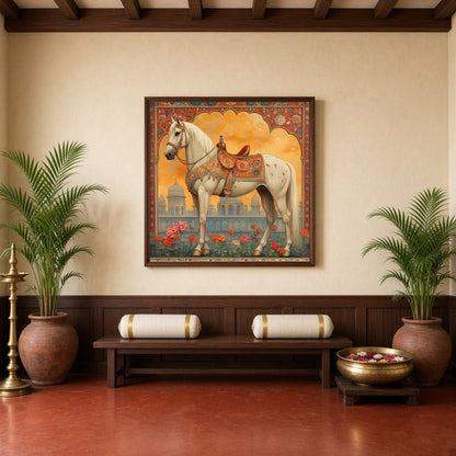 Immerse yourself in the elegance and majesty of this stunning Mughal-inspired artwork. A regal for haven