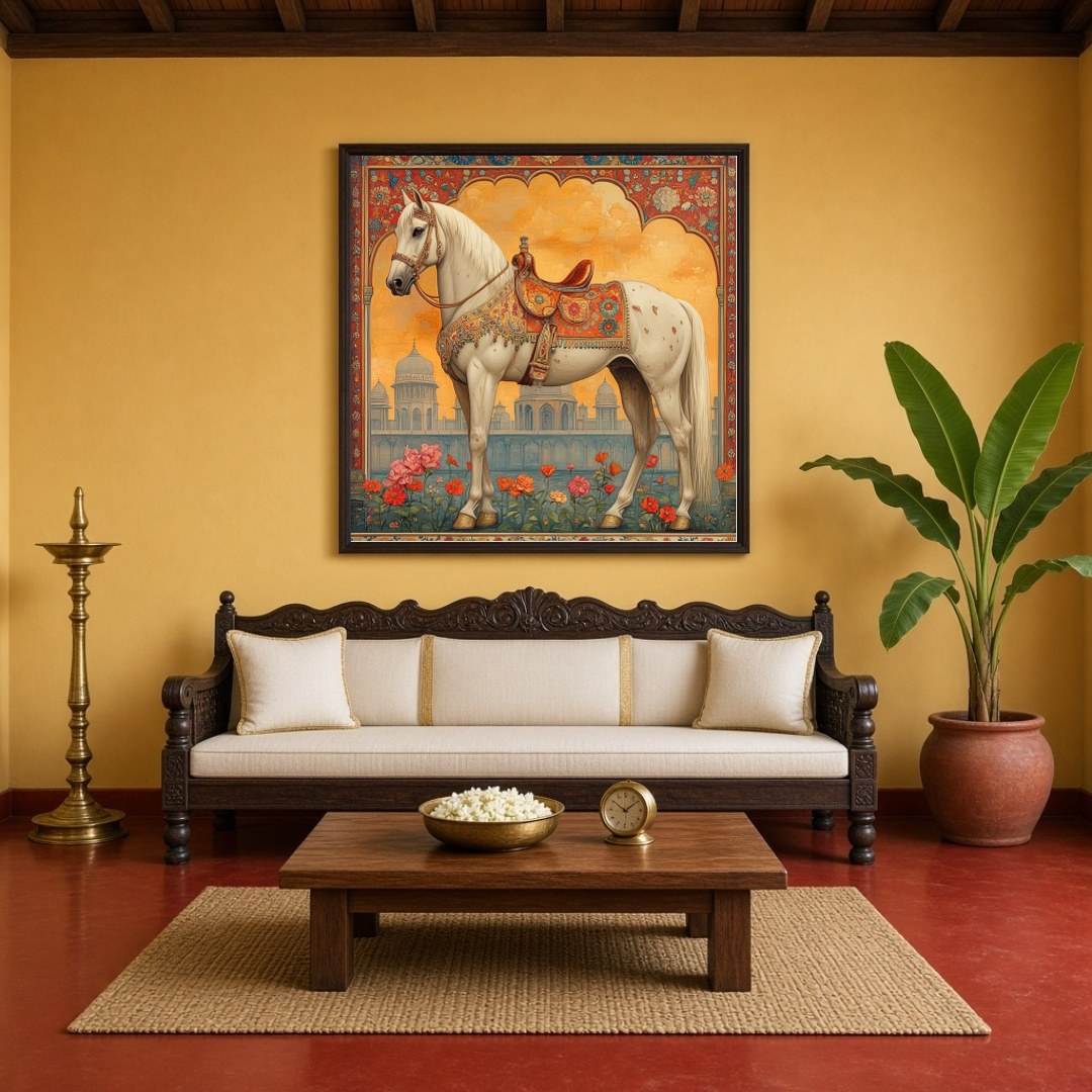 Immerse yourself in the elegance and majesty of this stunning Mughal-inspired artwork. A regal for Living Room