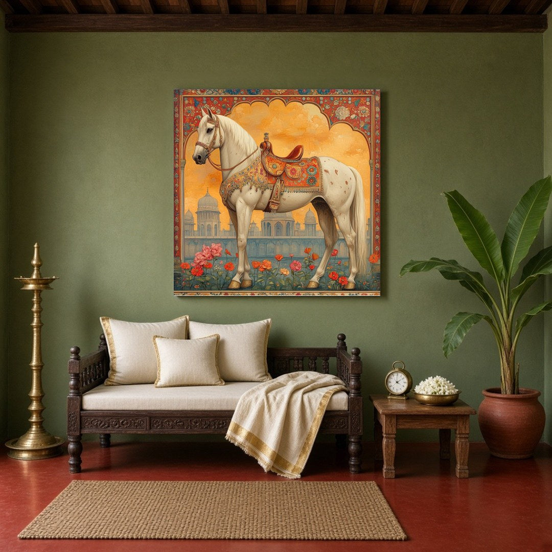 Immerse yourself in the elegance and majesty of this stunning Mughal-inspired artwork. A regal for Sitting Area