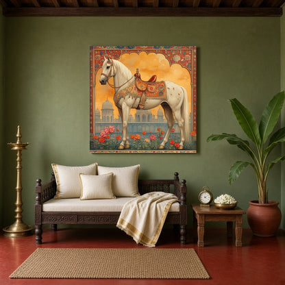 Immerse yourself in the elegance and majesty of this stunning Mughal-inspired artwork. A regal for Sitting Area