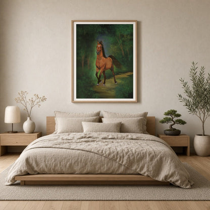 This captivating art print features a regal horse as it strides gracefully through a lush green for Bedroom