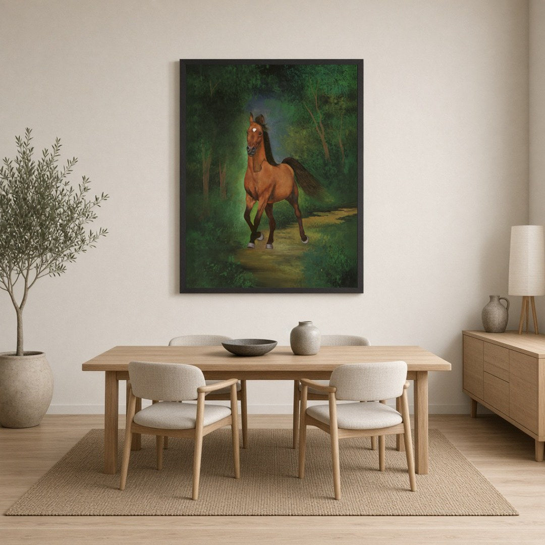 This captivating art print features a regal horse as it strides gracefully through a lush green for Dining