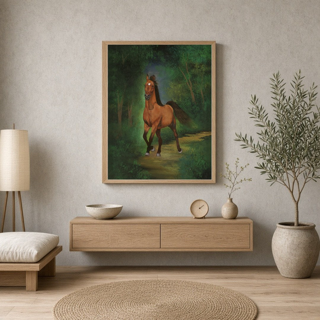 This captivating art print features a regal horse as it strides gracefully through a lush green for Entrance