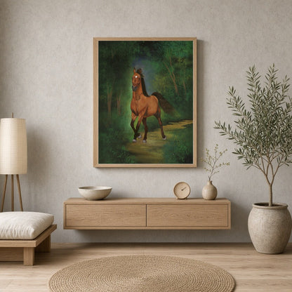 This captivating art print features a regal horse as it strides gracefully through a lush green for Entrance